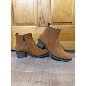 Propet Women's Reese Suede Western Ankle Bootie Almond Toe Block Heel Zipper